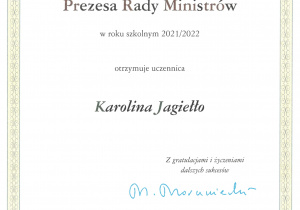 Dyplom stypendium Karoliny Jagiełło
